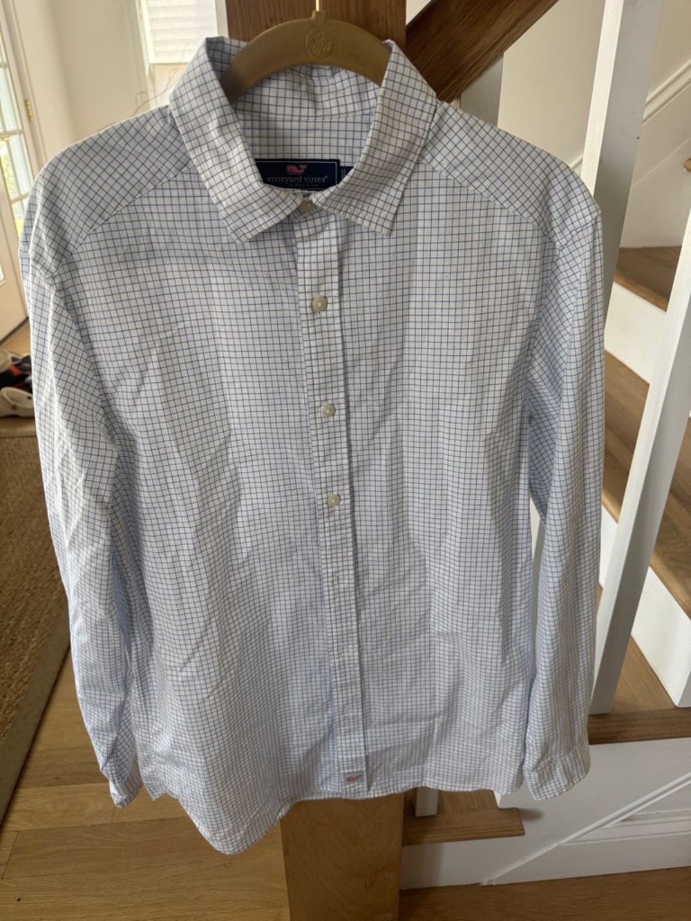 Vineyard Vines Mens Small Dress Shirt White Shirt with Blue Windowpane Check